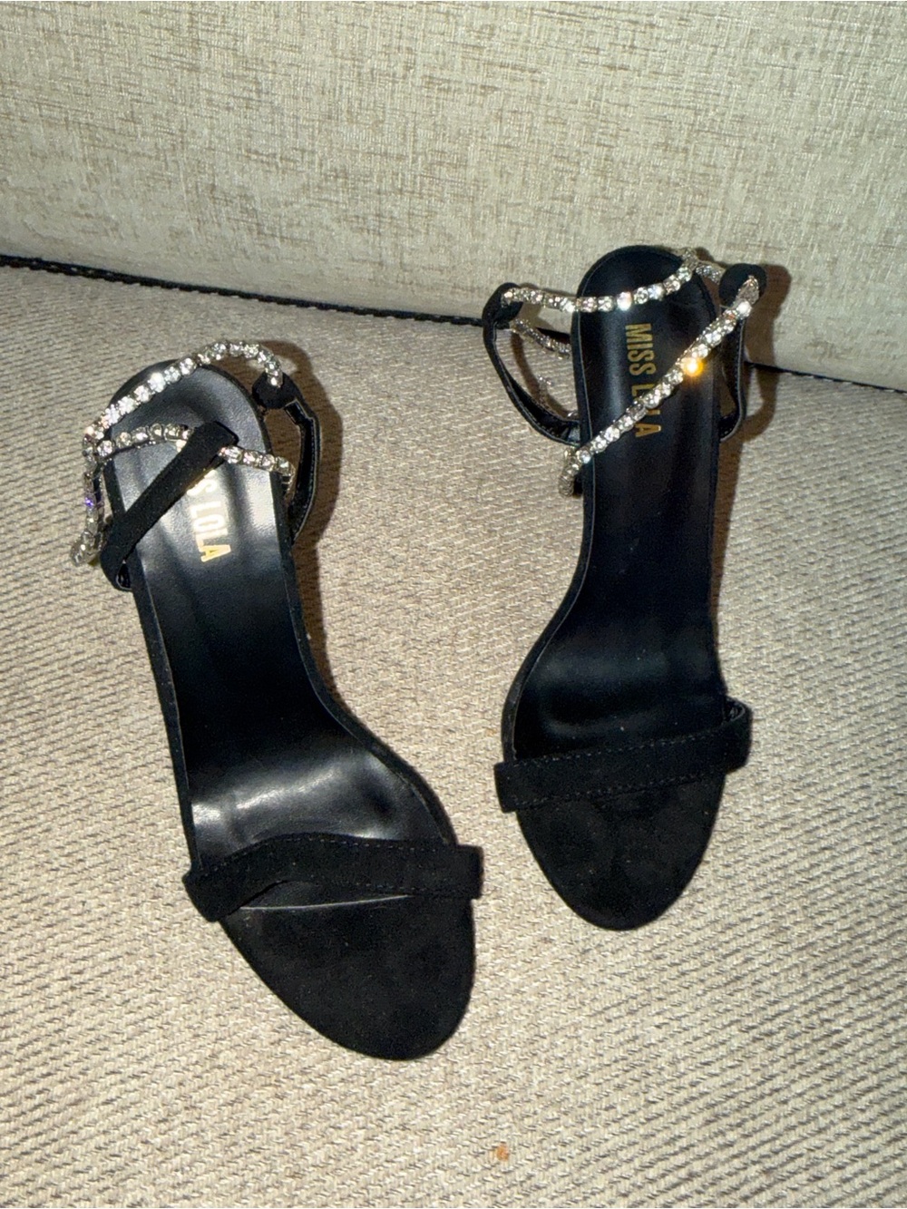 Miss Lola Black Rhinestone-Ankle Strap Heeled Sandals